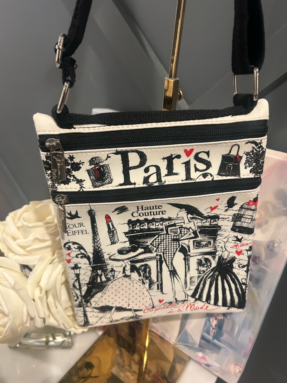 Paris Print Crossbody Bag in Cream and Black - Fashion Illustration